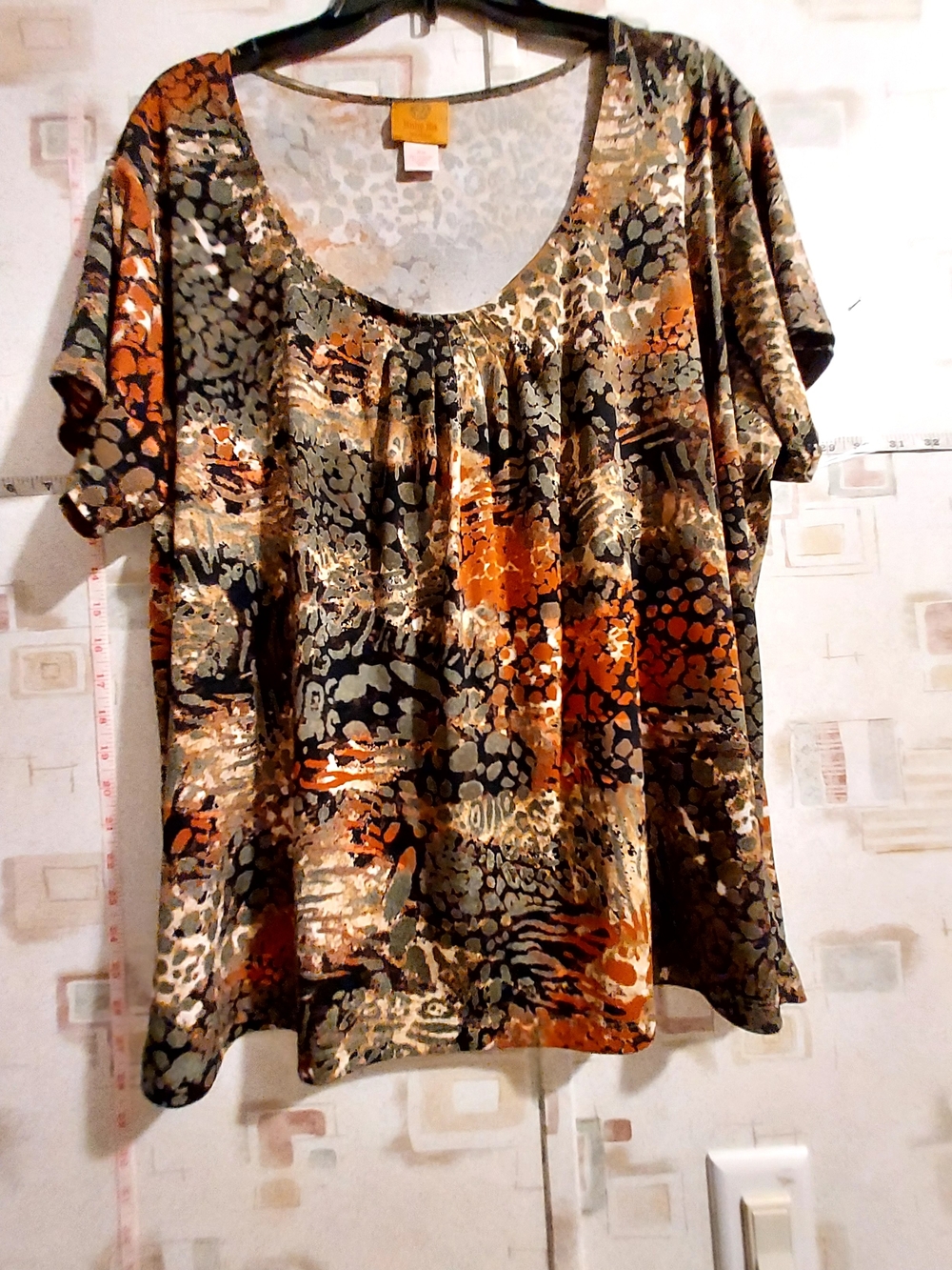 Ruby Rd. Mixed Animal & Abstract Scoop Neck Short Sleeve Top - Orange/Olive